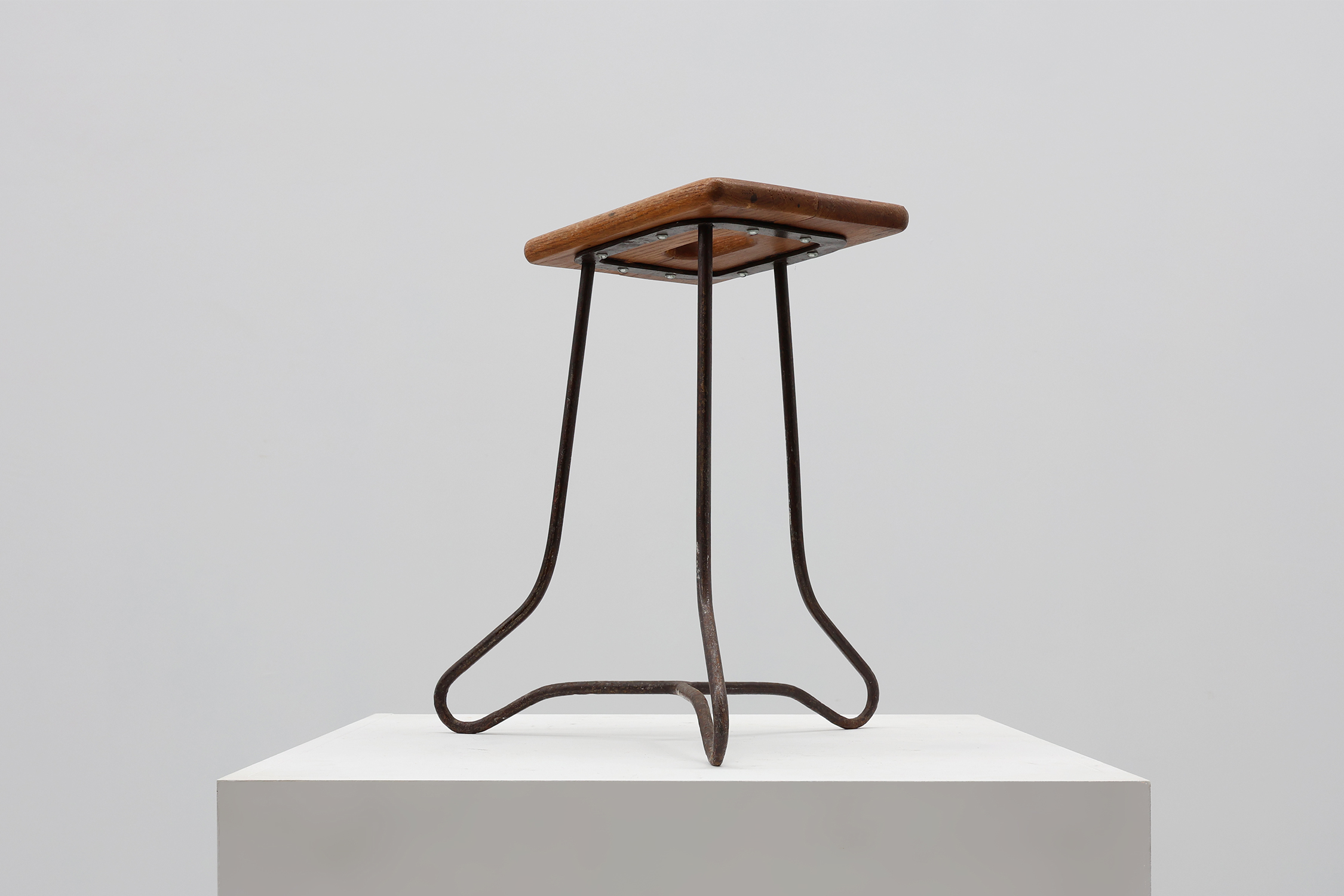 Modernist Industrial Iron and Oak Split Slats Stool, France ca. 1910thumbnail